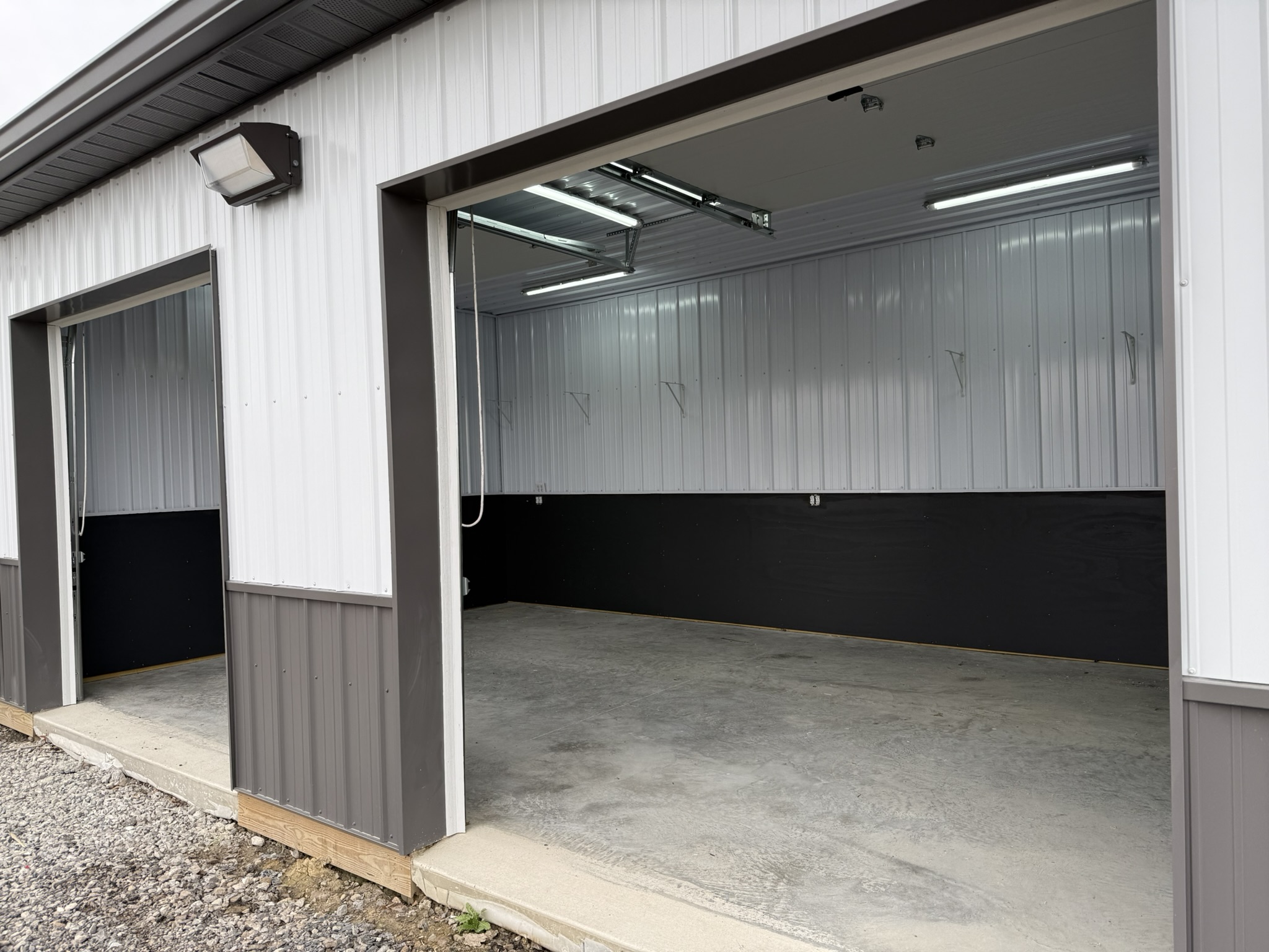 Kart garage exterior view with doors open